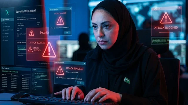 أخصائية أمن سيبراني سعودية تراقب شاشات الحماية الرقمية