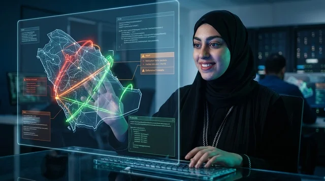 Saudi Woman Cybersecurity Expert in High Tech Control Room