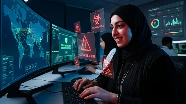 أخصائية أمن سيبراني عربية تراقب التهديدات الإلكترونية