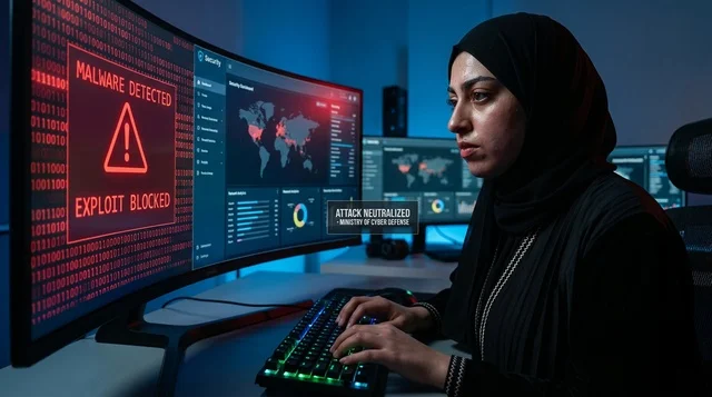 أخصائية أمن سيبراني عربية بالحجاب في غرفة الخوادم