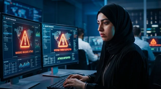 موظفة أمن سيبراني عربية تتعامل مع تنبيهات اختراق رقمي