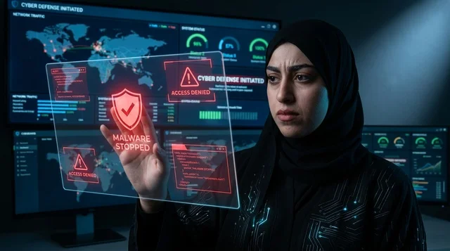 أخصائية أمن سيبراني عربية في غرفه التحكم الرقمي