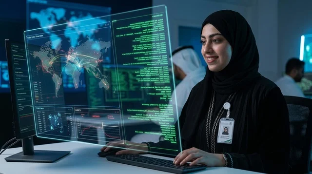 Arab Woman Cybersecurity Specialist with Hologram Screen