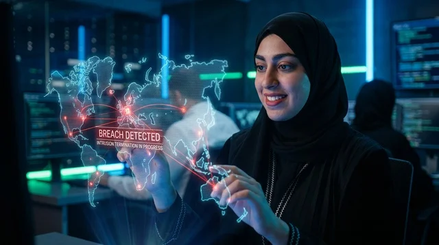 خبيرة أمن سيبراني عربية تتعامل مع اختراق رقمي