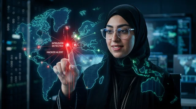 أخصائية أمن سيبراني عربية تراقب اختراق رقمي هولوغرام