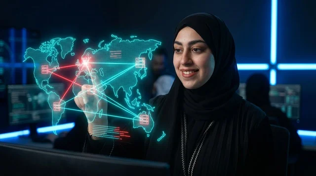 امرأة سعودية تعمل على هولوجرام الأمن السيبراني