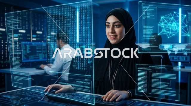 أخصائية أمن سيبراني عربية بالحجاب في غرفة الخوادم