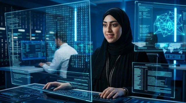 أخصائية أمن سيبراني عربية بالحجاب في غرفة الخوادم