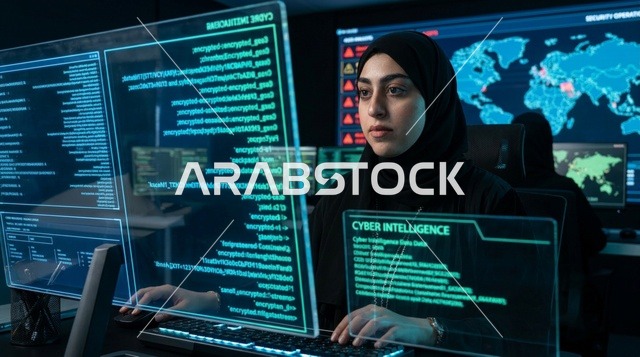 امرأة عربية مبرمجة تعمل في غرفة الأمن السيبراني