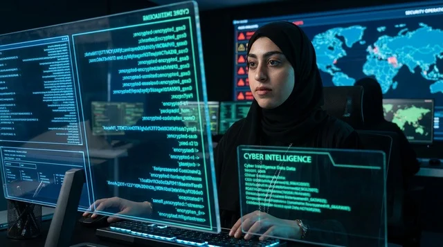 امرأة عربية مبرمجة تعمل في غرفة الأمن السيبراني