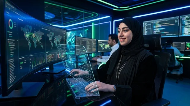 أخصائية أمن سيبراني عربية بالحجاب في غرفة التحكم الرقمي