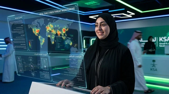 امرأة سعودية تستخدم شاشة الأمن السيبراني الرقمية
