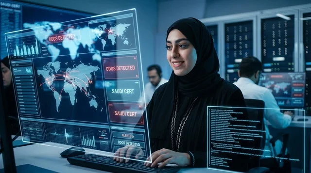 امرأة عربية في مركز الأمن السيبراني مع شاشة هولوجرام