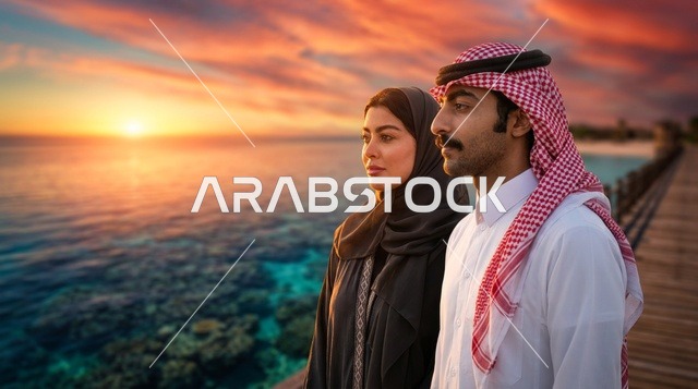 زوجان سعوديان في منتجع مشروع البحر الأحمر عند الغروب