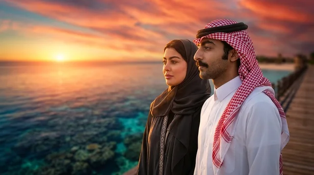 زوجان سعوديان في منتجع مشروع البحر الأحمر عند الغروب