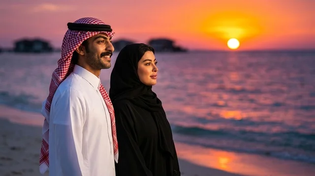 زوجان سعوديان على شاطئ مشروع البحر الأحمر وقت الغروب