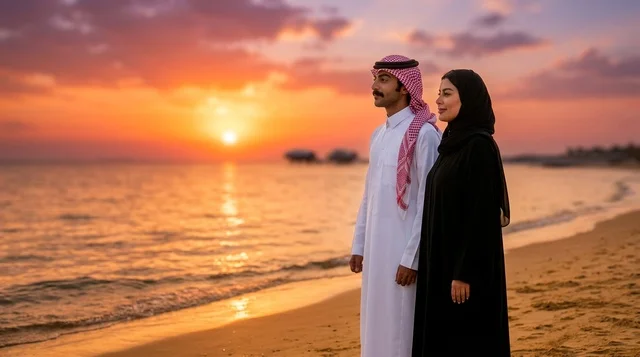 زوجان سعوديان على شاطئ مشروع البحر الأحمر وقت الغروب