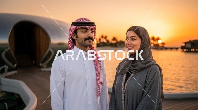 زوجين سعوديين في منتجع مشروع البحر الأحمر وقت الغروب