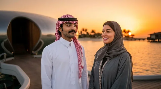 زوجين سعوديين في منتجع مشروع البحر الأحمر وقت الغروب
