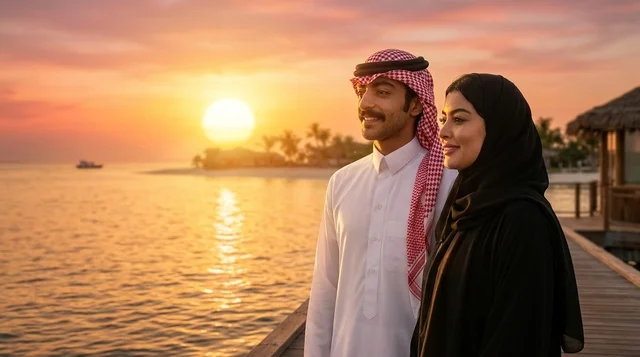 Saudi Couple at Red Sea Project Beach Resort Sunset