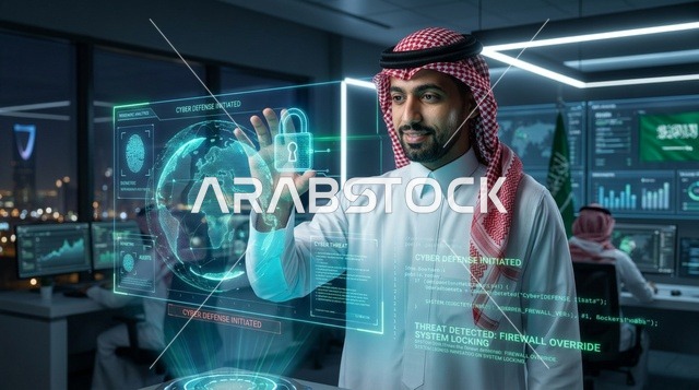رجل سعودي يتفاعل مع شاشة الأمن السيبراني الهولوغرامية