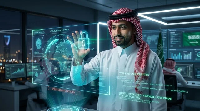 رجل سعودي يتفاعل مع شاشة الأمن السيبراني الهولوغرامية