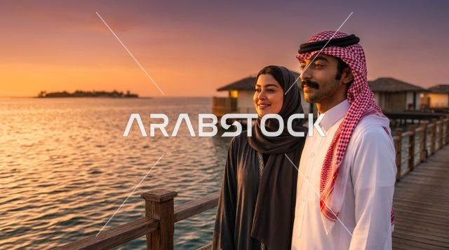 زوجان سعوديان في منتجع مشروع البحر الأحمر وقت الغروب