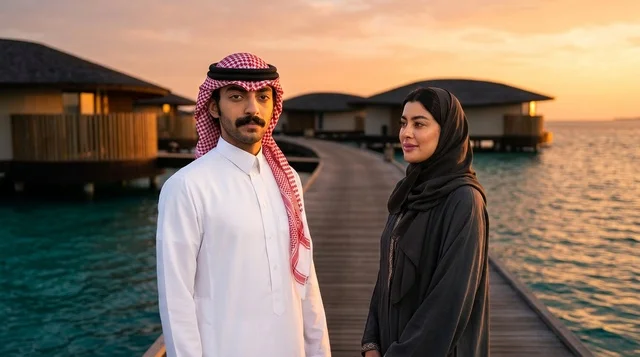 زوجان سعوديان في منتجع مشروع البحر الأحمر وقت الغروب