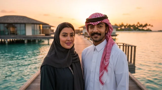 زوجان سعوديان في مشروع البحر الأحمر وقت الغروب