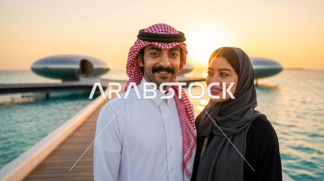 زوجان سعوديان في منتجع مشروع البحر الأحمر وقت الغروب