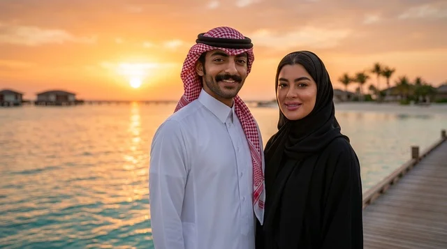 زوجان سعوديان في مشروع البحر الأحمر وقت الغروب