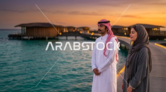 زوجان سعوديان في منتجع مشروع البحر الأحمر عند الغروب