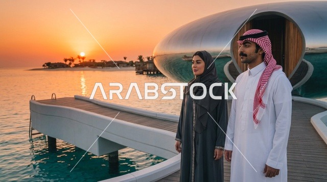 زوجان سعوديان في منتجع مشروع البحر الأحمر عند الغروب