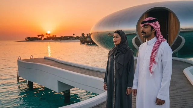 زوجان سعوديان في منتجع مشروع البحر الأحمر عند الغروب