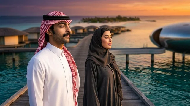 زوجان سعوديان في منتجع مشروع البحر الأحمر وقت الغروب زوجان سعوديان في منتجع مشروع البحر الأحمر وقت الغروب
