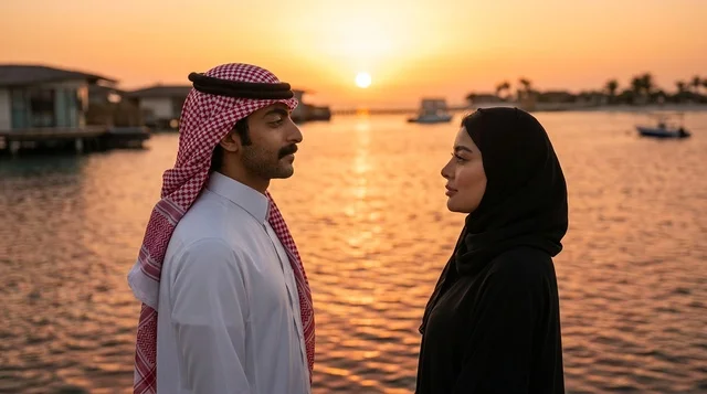 زوجان سعوديان في مشروع البحر الأحمر أثناء غروب الشمس