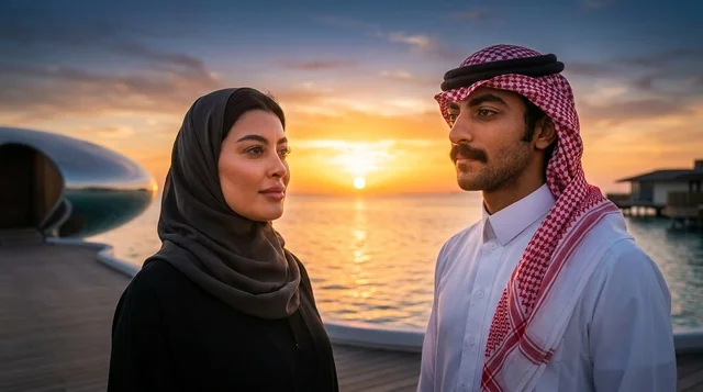 زوجان سعوديان في منتجع مشروع البحر الأحمر عند الغروب