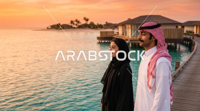 زوجان سعوديان في منتجع مشروع البحر الأحمر وقت الغروب