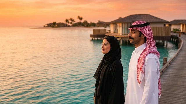 زوجان سعوديان في منتجع مشروع البحر الأحمر وقت الغروب