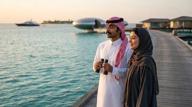 زوجان سعوديان في منتجع مشروع البحر الأحمر وقت الغروب