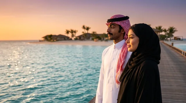 زوجان سعوديان في منتجع مشروع البحر الأحمر عند الغروب