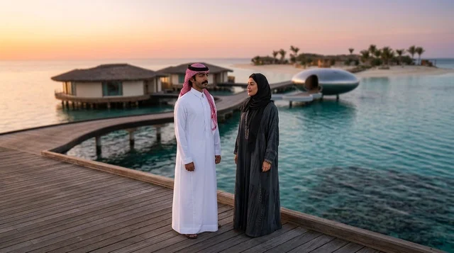 زوجين سعوديين في منتجع مشروع البحر الأحمر وقت الغروب