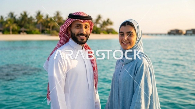 زوجان عربيان يبتسمان في منتجع شاطئي ذو مياه فيروزية