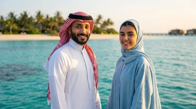 زوجان عربيان يبتسمان في منتجع شاطئي ذو مياه فيروزية