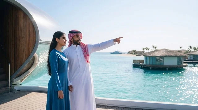 زوجان سعوديان في منتجع مائي فاخر يطل على البحر