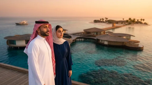 زوجان سعوديان في منتجع سياحي فاخر عند غروب الشمس