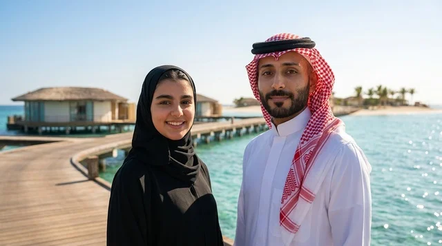 زوجان سعوديان بملابس تقليدية في منتجع استوائي بحري