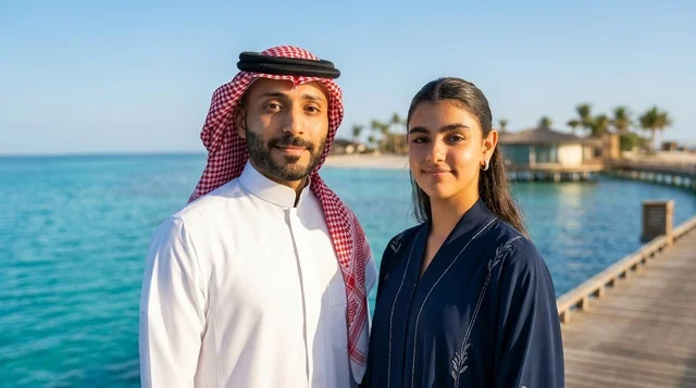 زوجان سعوديان بالزي التقليدي في منتجع ساحلي على البحر