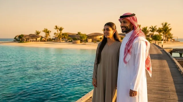 زوجان سعوديان على رصيف خشبي بمنتجع شاطئي عند الغروب