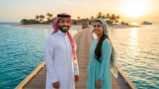 زوجان عربيان في منتجع جزيرة استوائية عند غروب الشمس